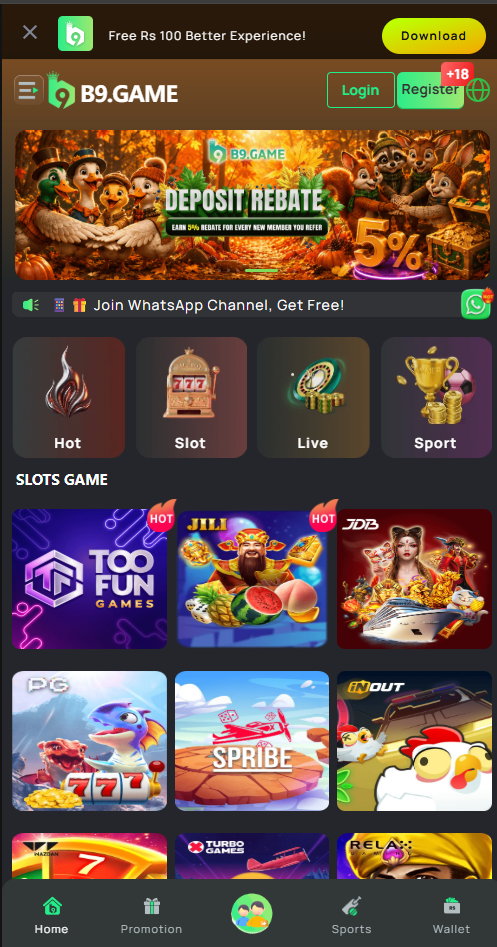 B9 Game app home screen showing slot game categories and daily rebate promotions
