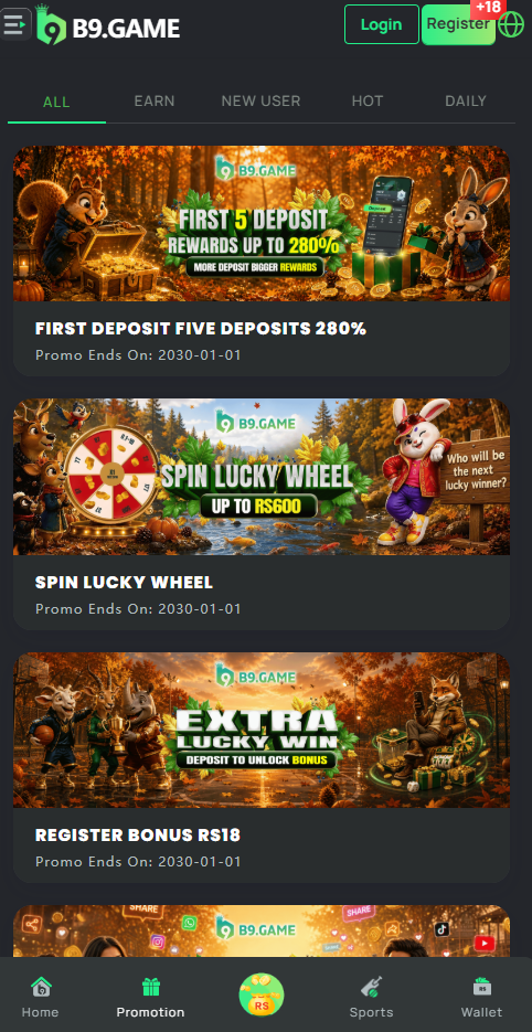 B9 Game app home lobby screenshot with hot slot games