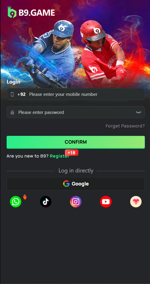 B9 Game app secure login screen screenshot